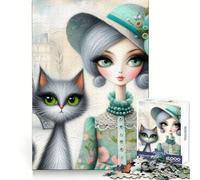 Puzzle "Elegante signora e gatto tigrato" per adolescenti, 1000 pezzi, stimolante per la mente, ideale per il relax, con bordi di alta qualità, perfetto come regalo di Natale (50x75cm)