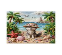 Puzzle estivo con lupo sulla spiaggia per adulti, 1000 pezzi, puzzle in legno con palma tropicale costiera, divertente decorazione stampata con animali per intrattenimento creativo