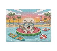 Puzzle estivo con lupo sulla spiaggia per adulti, 500 pezzi, anello da nuoto tropicale costiero spiaggia puzzle in legno stampato, divertente motivo animale decorazione per intrattenimento creativo