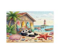 Puzzle estivo con panda sulla spiaggia per adulti, 1000 pezzi, puzzle in legno tropicale costiero sulla spiaggia, divertente decorazione con motivo animale per l'intrattenimento domestico