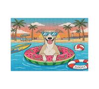 Puzzle estivo da spiaggia con cane whippet per adulti, 300 pezzi, puzzle stampati in legno con cucciolo costiero in spiaggia, decorazione con motivo tropicale per intrattenimento creativo