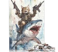 Puzzle fai da te di un gatto che cavalca uno squalo con le pistole, puzzle di cartone premium per donne, uomini e bambini, regalo per la festa della mamma, 1000 pezzi (75x50 cm)