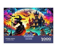 Puzzle fantasy notturno per adulti: strega e castello con zucche, divertente regalo e attività per la decorazione murale della casa, 52x38 cm/1000 pezzi