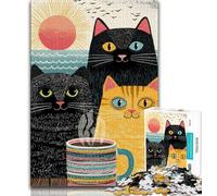 Puzzle für Erwachsene mit drei Kaffeetrinkenden Katzen, 1000 Teile, anspruchsvoll zu vervollständigen, aber lustig und humorvoll, Geburtstagsgeschenk, Geschenke, Wandkunst, 38x26cm