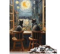 Puzzle Gatti che guardano la notte stellata Premium, 100% carta riciclata, rettangolare, per donne e uomini, 1000 pezzi (75x50 cm)