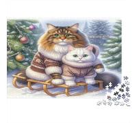 Puzzle Gatti di Natale sulla Slitta per Adulti 14-99 Anni - Due Gatti in Abiti Invernali Gioco Educativo per Decorazione Casa e Regali 70x50cm