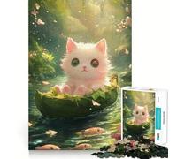 Puzzle "Gattino bianco in barca tra le foglie" per ragazzi,1000 pezzi,stimolante per la mente,divertente,con componenti robusti e ben definiti,un'attività di gruppo emozionante (50x75cm)