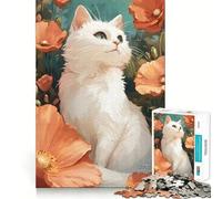 Puzzle Gatto bianco con papaveri arancioni da 1000 pezzi,gioco cognitivo divertente,taglio di alta precisione, alleviare lo stress (38x26cm)