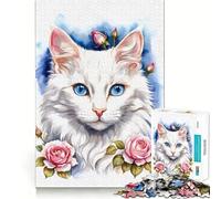 Puzzle "Gatto bianco con rose rosa" per ragazzi,1000 pezzi,stimolante per la mente,divertente,con componenti robusti e ben definiti,un'attività di gruppo emozionante (38x52cm)