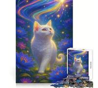 Puzzle "Gatto bianco in un paesaggio floreale da sogno" per ragazzi, 1000 pezzi, facile da ricordare, attività ricreativa, taglio perfetto, il miglior regalo (50x75cm)
