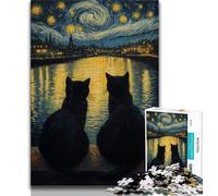 Puzzle "Gatto nero sotto il cielo notturno" da 1000 pezzi per adulti e adolescenti, antistress, sfida difficile, rafforza l'amore tra coppie (75x50cm)