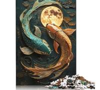 Puzzle giapponese asiatico con pesce koi e luna, Yin e Yang, unico nel suo genere,puzzle rettangolare in carta per adulti, adolescenti, regali per la festa della mamma, 1000 pezzi (26x38 cm)