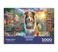 Puzzle impegnativo da 1000 pezzi con cane Collie: Collie di River And Bridge per adulti, adolescenti e anziani, gioco rompicapo 52x38 cm/1000 pezzi