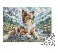 Puzzle impegnativo da 1000 pezzi con pastore polacco delle pianure: Collie su roccia di Stream per adulti, adolescenti e anziani, gioco rompicapo 52x38 cm/1000 pezzi