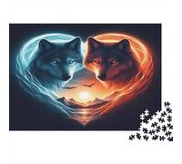Puzzle Impossibile da 1000 pezzi Lupo Fuoco e Ghiaccio, Cuore al Tramonto, Cartone Premium, Pezzi Interbloccanti, Per Puzzle Avanzati, 52x38cm