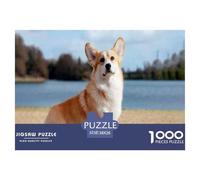 Puzzle impossibile del Corgi Gallese di Pembroke, 1000 pezzi - Un corgi è seduto sul lago su una piattaforma di legno. Per adulti e bambini, perfetto per il relax e come decorazione murale, 38x26 cm