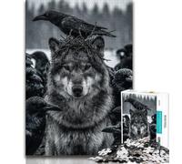 Puzzle in bianco e nero con lupo e corvo per adolescenti, antistress per ammazzare il tempo durante le vacanze, con poster abbinato e foglio di quiz (75x50cm)