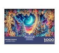 Puzzle in cartone riciclato della chiesa di notte innevata: villaggio innevato sotto la luna per adulti e bambini dai 12 anni, ottimo regalo, 38x26 cm/1000 pezzi