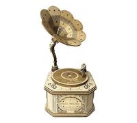 Puzzle in legno 3D retrò Grammofono in legno, carillon creativo, decorazione per la casa, regalo di compleanno fai da te (versione elettrica/100 pezzi/colori woodi)