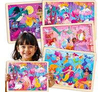 Puzzle in Legno Bambini 3 4 5 Anni - Montessori Puzzle 6 7 8 Anni | 4x24 Pezzi Puzzle Unicorno - Gioco Educativo in Legno con Sirene Principesse e Unicorni - Regalo per Bambini e Bambine