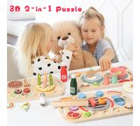Puzzle in legno con blocchi coordinati 3D - Fai finta di giocare al tè pomeridiano, una torta di compleanno, un set di giocattoli per griglia e cucina