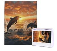 Puzzle in legno con delfini che saltano fuori dall'acqua al tramonto, 500 pezzi, puzzle con immagine personalizzata, arte moderna da parete, decorazione per la famiglia, per adulti (51,8 x 38,1 cm)