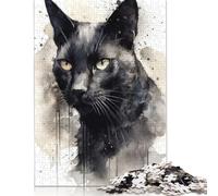 Puzzle in legno con gatto nero ad acquerello, 500 pezzi, per adulti e ragazzi dai 12 anni in su, 500 pezzi (52x38 cm)