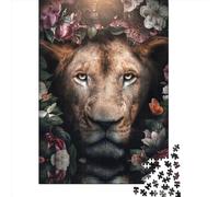 Puzzle in legno creativo da 1000 pezzi per adulti, motivo leone fiorito, gioco di decompressione, 1000 pezzi (75x50 cm)