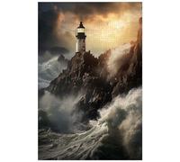 Puzzle in legno da 1000 pezzi, per adulti, Un faro in piedi nella tempesta, puzzle con vista sul mare del faro (B ; 1000)