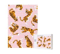 Puzzle in legno da 300 pezzi con animali da circo e tigri carine su sfondo rosa per il divertimento di tutta la famiglia.