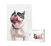 Puzzle in legno da 300 pezzi con bulldog francese, cane curioso e felice, per il divertimento di tutta la famiglia.