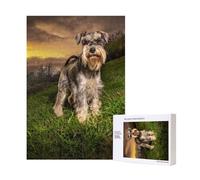 Puzzle in legno da 300 pezzi con cani Schnauzer al tramonto, animali domestici, montagne, Schnauzer, con scatola di imballaggio per adulti.
