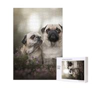 Puzzle in legno da 300 pezzi con famiglia di carlini, cuccioli e mamma, con scatola di imballaggio per adulti.