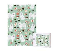 Puzzle in legno da 300 pezzi raffigurante il cane Samoye, con sushi e spitz giapponese, per il divertimento di tutta la famiglia.