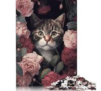Puzzle in legno da 500 pezzi, gatto tra le rose, attività per famiglie, regali di Natale, 500 pezzi (52x38 cm)