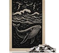 Puzzle in legno da 500 pezzi raffigurante una balena nel mare in tempesta, con illustrazioni in xilografia, per adulti, gioco educativo per bambini, come regalo di Natale, 500 pezzi (52x38 cm)