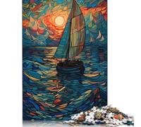 Puzzle in legno per adulti, 1000 pezzi, barca a vela al tramonto, stile vetrate, puzzle difficili per adulti, 1000 pezzi (75x50 cm)