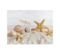Puzzle in legno per adulti, 500 pezzi, con conchiglie e stelle marine sulla spiaggia.