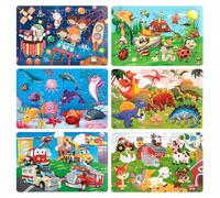 Puzzle in Legno per Bambini, 6 Pezzi Giocattoli Puzzle di Animali Traffico Insetto Dinosauri, Set Giochi Educativi Montessori Regali per Ragazzi e Ragazze 3 4 5 6 Anni