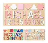 Puzzle in legno personalizzato con nome per bambini, puzzle con incisione, giocattolo di risveglio Montessori per bambini da 1 a 3 anni, puzzle alfabeto e numeri, regalo per il 1° compleanno per