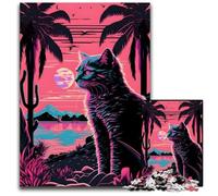 Puzzle in legno Retrowave da 1000 pezzi Gatto e Natura per adulti, Relax e Sfida, Decorazione per la casa colorata, amici, 50x75CM/19,68x29,52 pollici