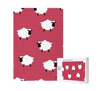 Puzzle in legno stampato da 300 pezzi con simpatici cartoni animati di pecore bianche e rosse, per il divertimento di tutta la famiglia.