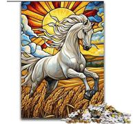 Puzzle in vetro colorato raffigurante un cavallo bianco per adolescenti, 1000 pezzi, gioco stimolante e gioco per famiglie con poster abbinato e foglio di quiz, 26x38cm