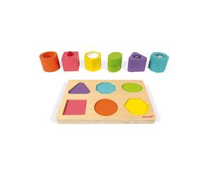 PUZZLE JANOD I Wood Shapes & Sounds 6-Block in Legno - 20 Pezzi per 12+ mesi