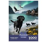 Puzzle Labrador 1000 Pezzi in Cartone Per Adulti E Ragazzi Educativo Impegnativo Puzzles Black Dog Seaside Village Idea Regalo 38x26cm/1000pcs