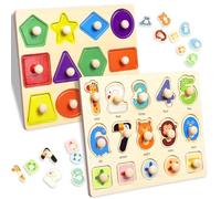 Puzzle Legno Bambini, 2 Pezzi Puzzle di Legno con Maniglie, Giochi Montessori con Numeri Animale, Montessori Giochi Bambino Educativi, Regalo per Bambini 1 2 3 Anni