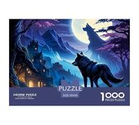 Puzzle Lupo 1000 pezzi idea regalo - Due lupi, luna, castello, estremamente difficile, decorazione murale, 70x50 cm