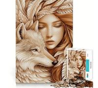 Puzzle "Lupo e donna con piume" da 1000 pezzi,stimola la concentrazione,divertente,con tecnologia di taglio laser avanzata,ideale da portare in viaggio,un gioco per allenare la mente (38x52cm)