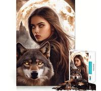 Puzzle Lupo e Donna sotto la Luna,1000 pezzi,gioco stimolante per la mente,incastro perfetto,intrattenimento domestico accogliente per tutti (50x75cm)