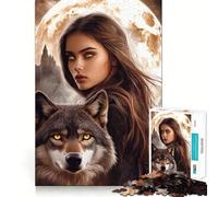 Puzzle "Lupo e donna sotto la luna" da 1000 pezzi,gioco di logica,pezzi a incastro precisi,divertimento in famiglia,attività serale (38x26cm)